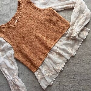 Anthropologie Layered Sweater Vest Embroidered Metallic Floral Ruffle Top Large